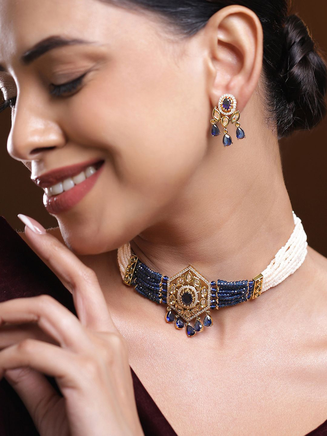 Rubans 22K Gold-Plated Handcrafted Off-White Beaded Navy Blue Cubic Zirconia Choker Set