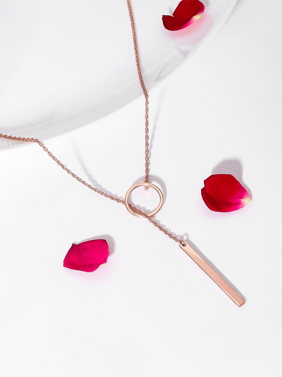 Tweov Rose Gold Round Lariat Ring Bar Silver Chain Necklace