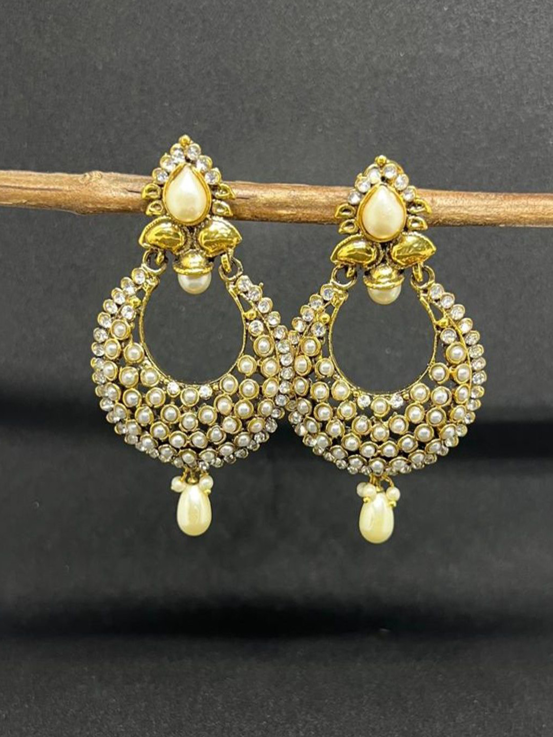 Oxidised Shop Store Gold Plated Artificial Stones Studded And Beaded Crescent Chandbalis
