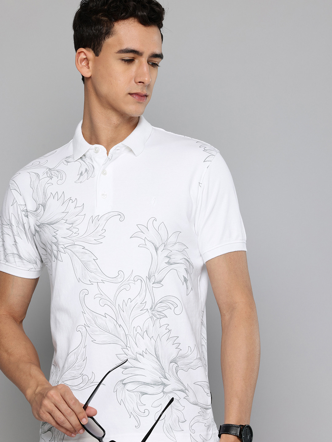 Indian Terrain Floral Printed Polo Collar Pure Cotton T-shirt