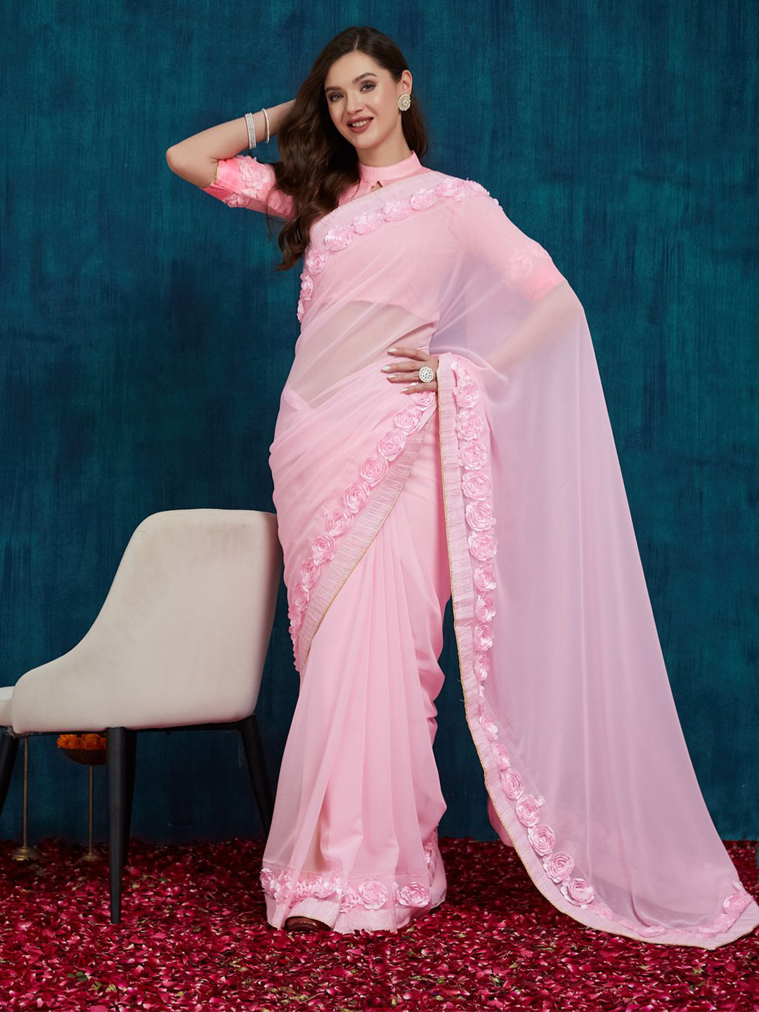 Mitera Floral Emboridered Patchwork Pure Georgette Saree