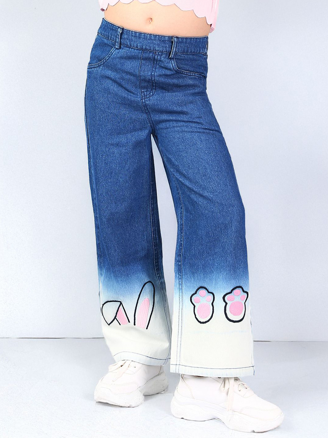 Naughty Ninos Girls Ombre Comfort Flared Mid-Rise Light Fade Embroidered Pure Cotton Jeans