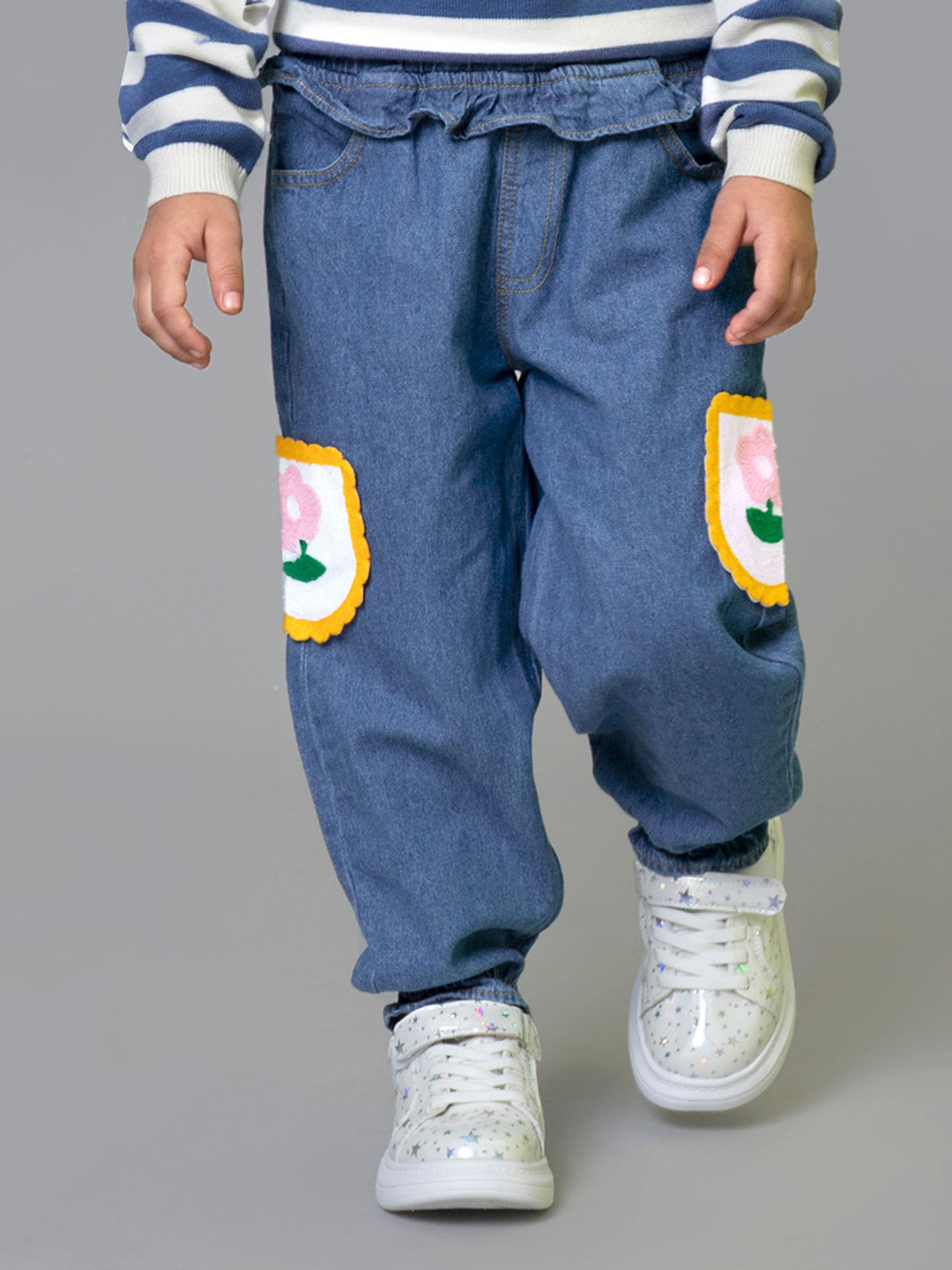 Hopscotch Girls Relaxed Fit Mid-Rise Crochet Patch Pocket Stretchable Jogger Fit Jeans