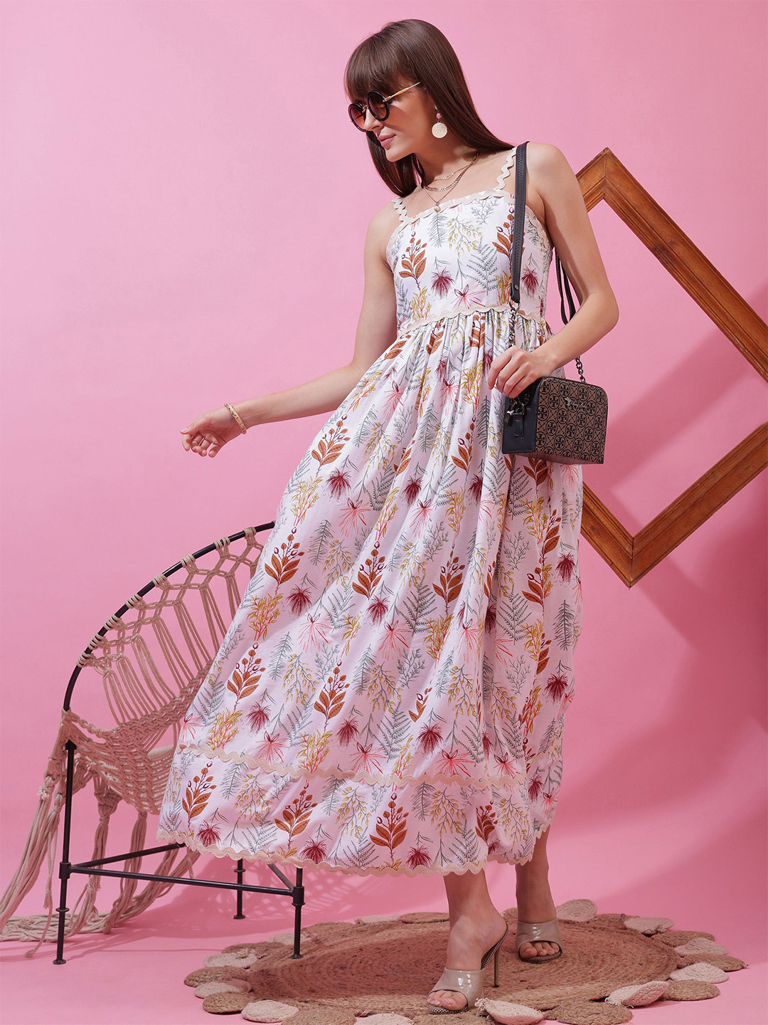 Honky Tonky Floral Print Shoulder Straps Cotton Fit & Flare Maxi Dress