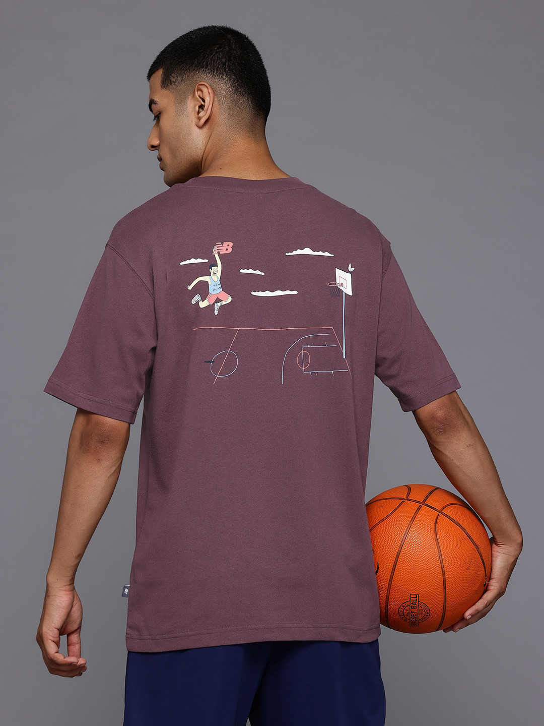 New Balance Humour & Comic Print Drop-Sleeves Cotton Relaxed Fit Athletics Hoops T-shirt