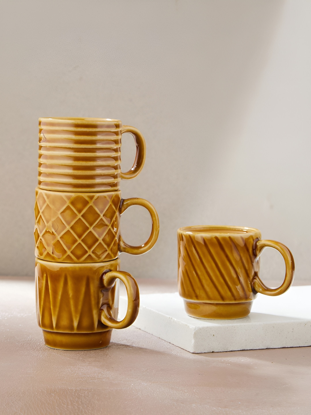 Fabindia Aavegh Glazed Yellow & Brown 4 Pieces Textured Ceramic Glossy Mugs 70ml