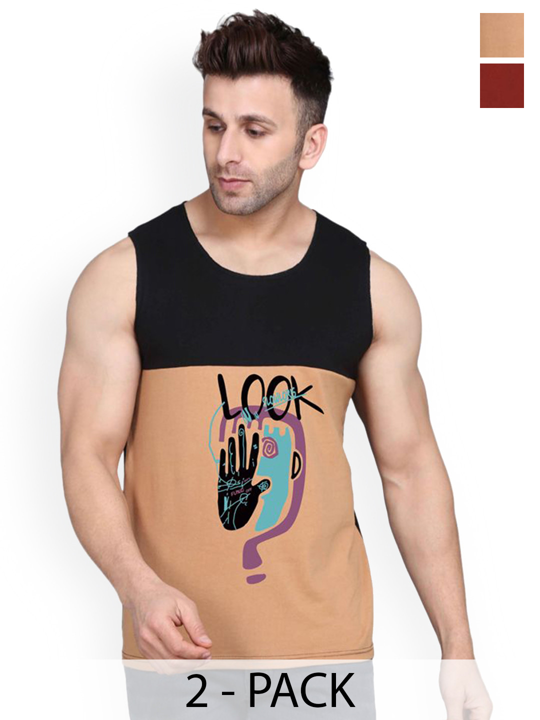 SLOWLORIS Men Pack Of 2 Printed Gym Vests VSL26 CMB(LOOK BLACKRUST)(KEEP MAROON)