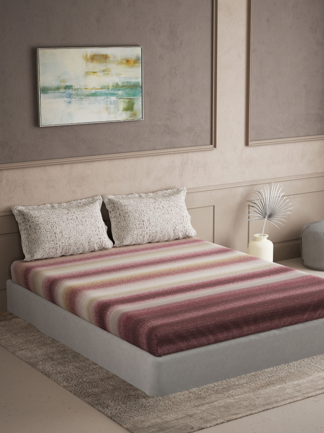 DDecor Cherish Red & White Striped Pure Cotton 144 TC Super King Bedsheet Set-2.74mX2.74m