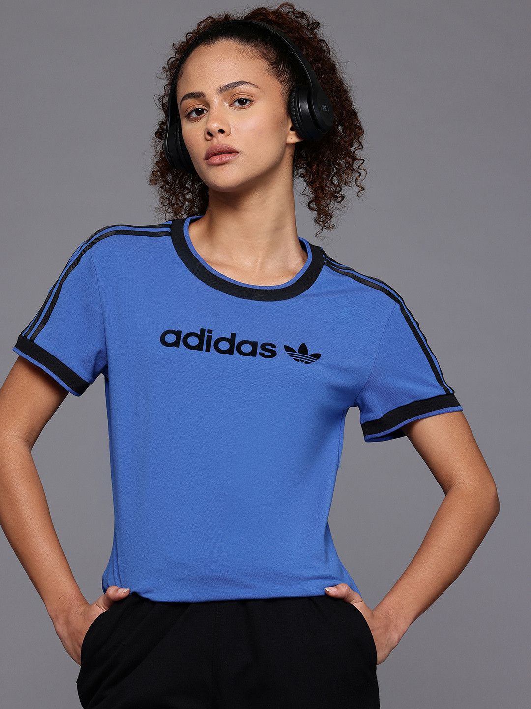 ADIDAS Originals Brand Logo Printed Three Striped Drop-Shoulder Sleeves Regular T-shirt