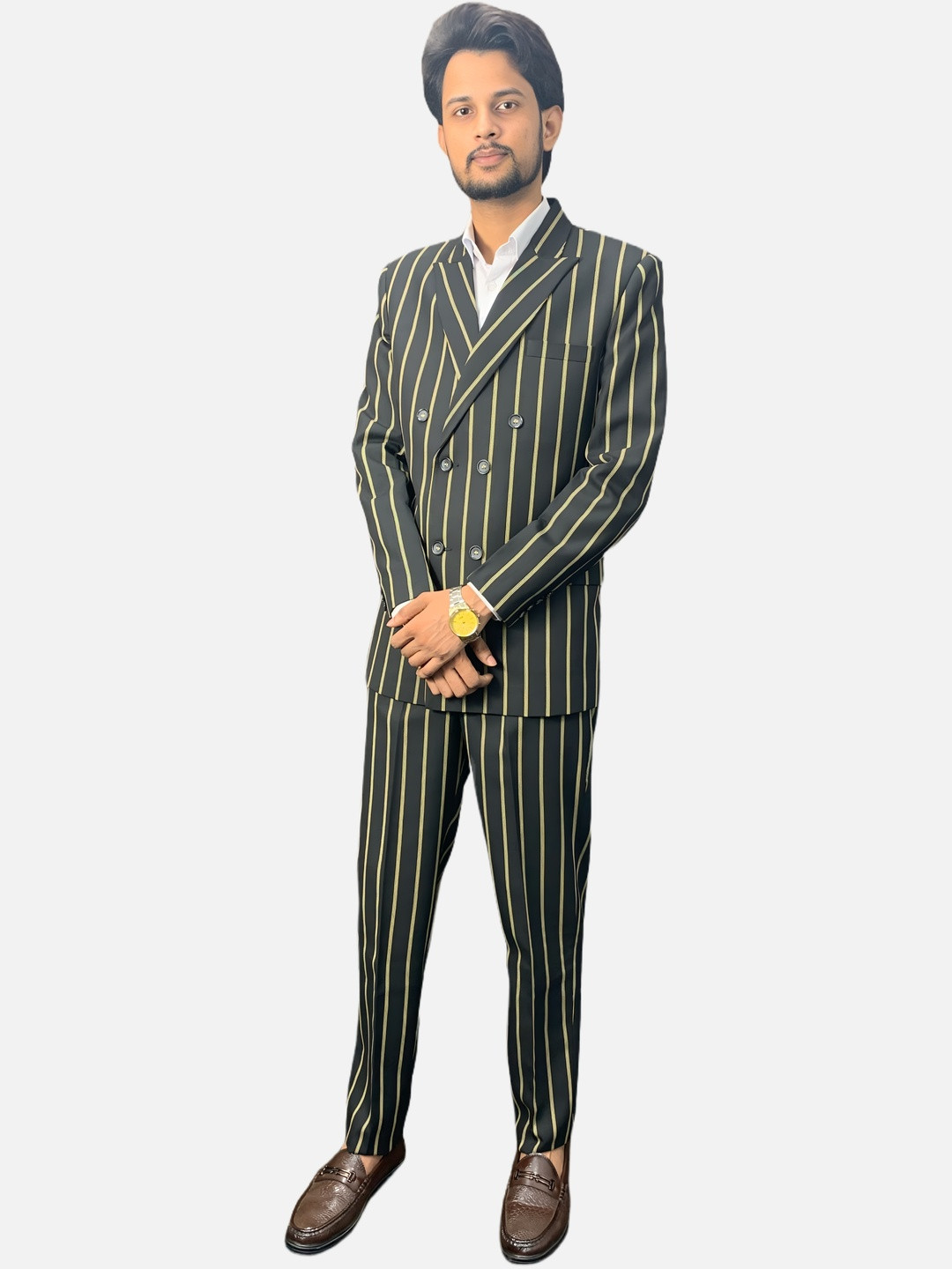 GARGIAN Master Cut Men 2 Piece Black Striped Notched Lapel Blazer And Trouser Suits