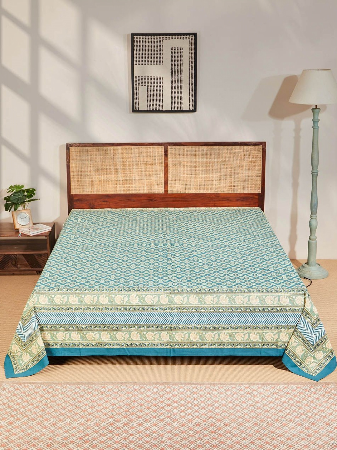 Fabindia Ambara Teal-Blue & White Printed Cotton King-Size Bed Cover