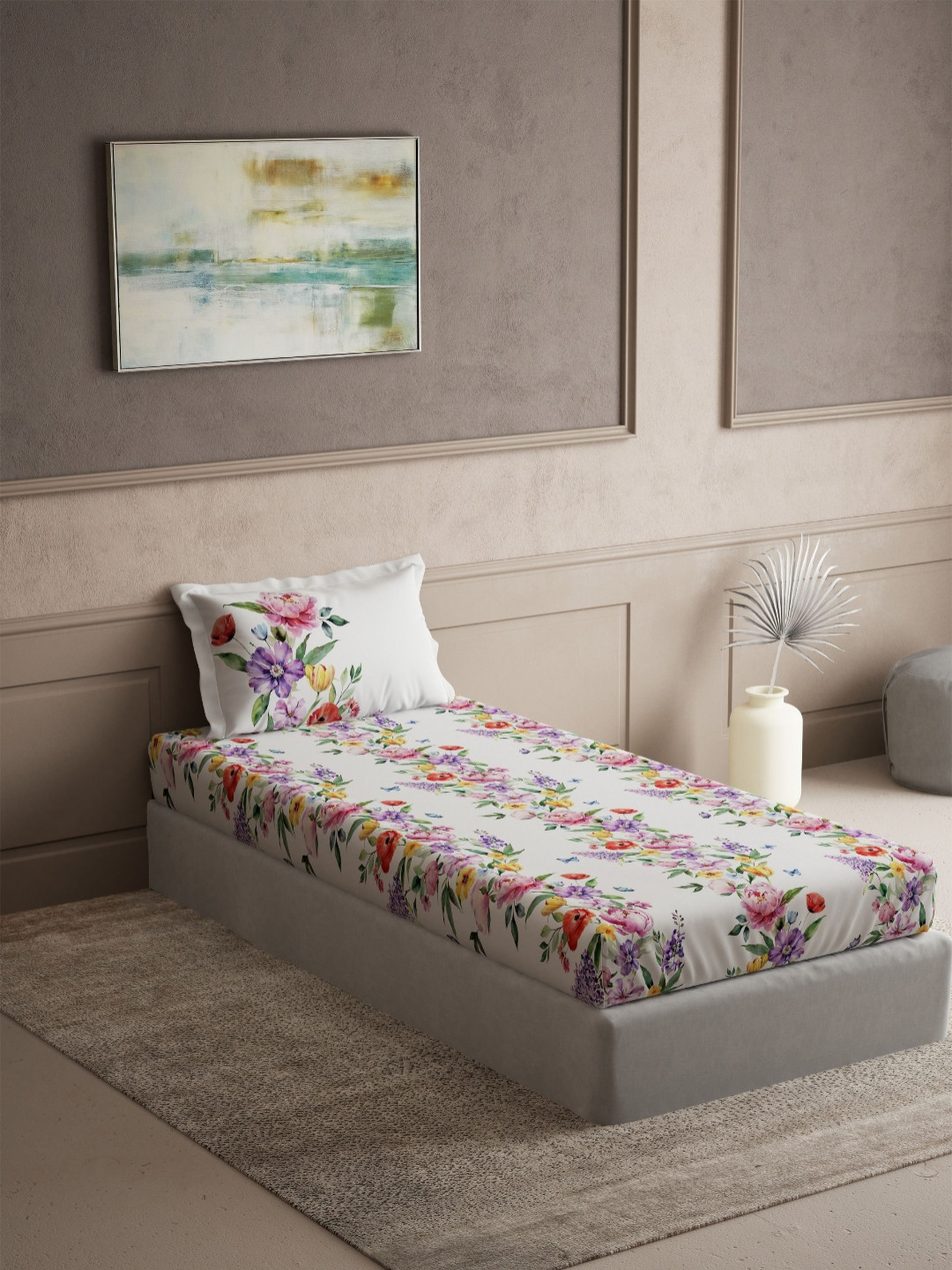 DDecor Radiance Purple & White Floral Pure Cotton 144 TC Single Bedsheet Set-1.52mX2.24m