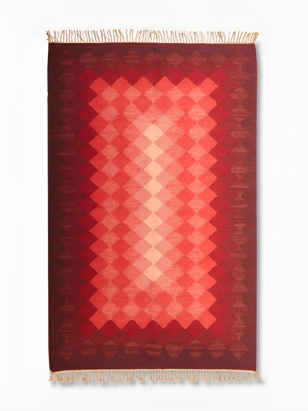 Fabindia Motley Red & Peach Colored Printed Frienged Dhurries