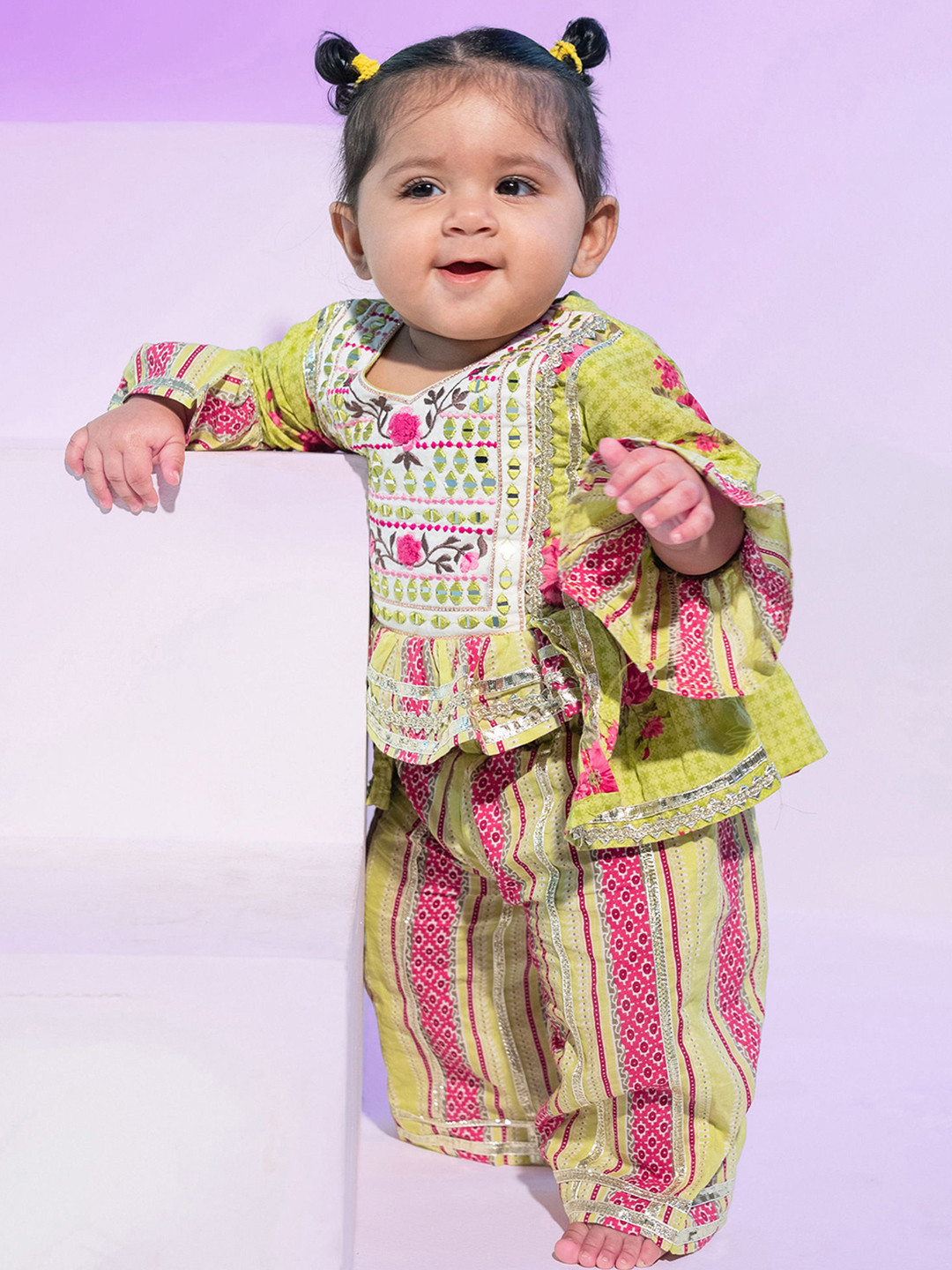 Hopscotch Girls Green Organic Cotton Kurta Sets