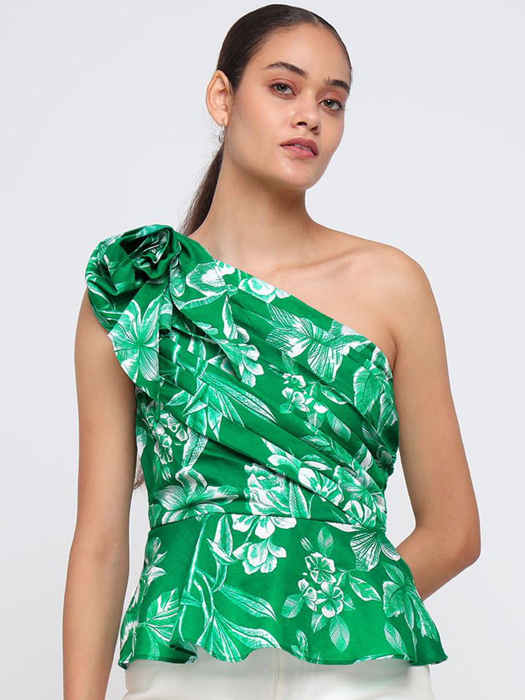 COVER STORY Women Floral Printed One Shoulder Cotton Peplum Top