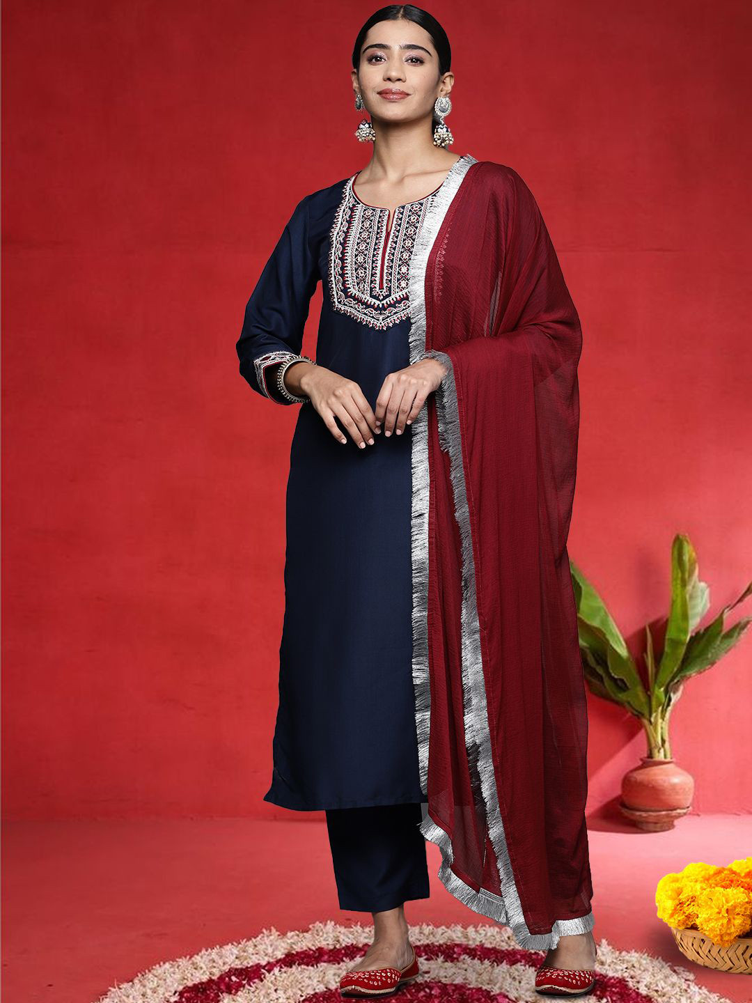 Varanga Women Ethnic Motifs Embroidered Regular Kurta with Trousers & Dupatta