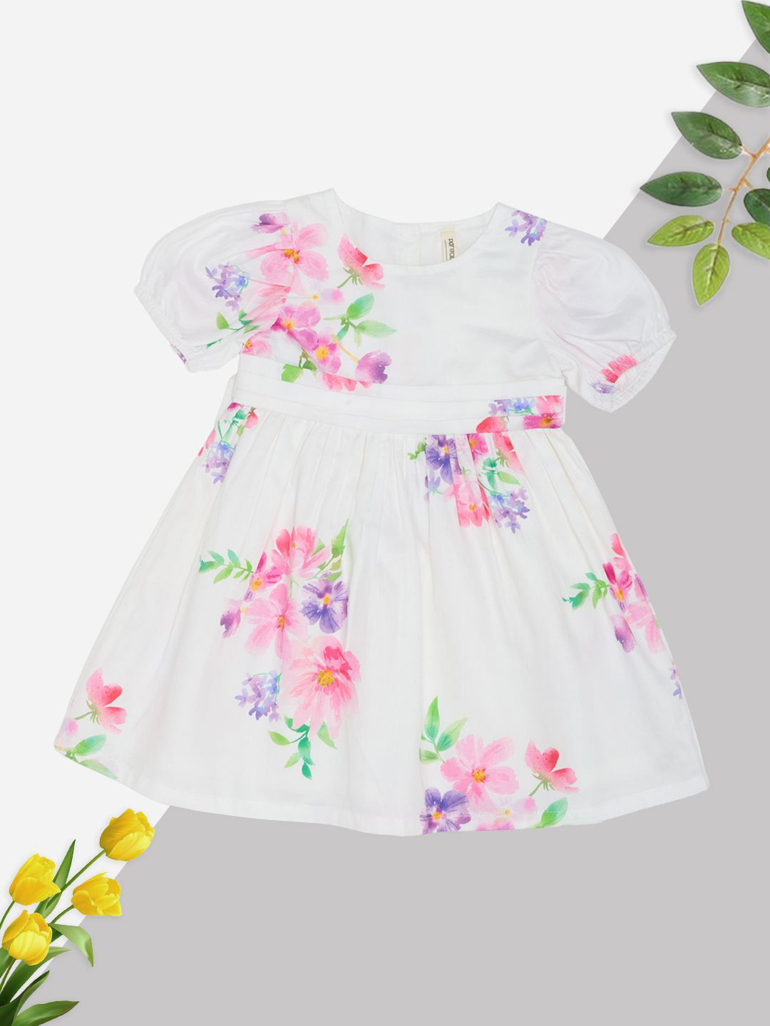 Pantaloons Baby Girls Floral Printed Puff Sleeve Cotton Fit & Flare Dress