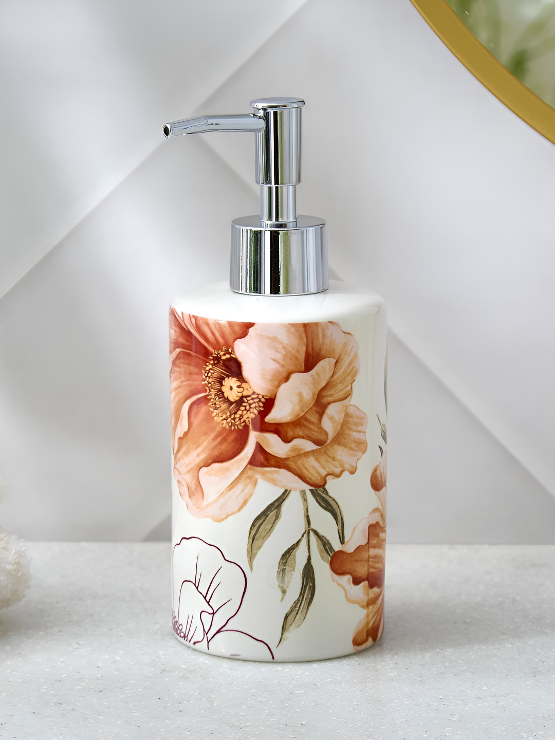 Home Centre Mekong Janett White & Orange Colored Printed Ceramic Soap Dispenser 330ml