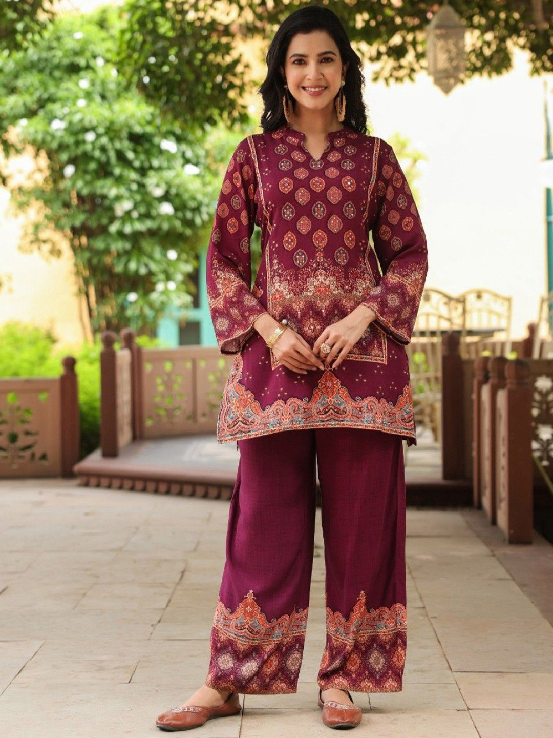 AUTUMN LANE Mahua Mulberry Printed Mandarin Collar Tunic With Trousers Co-Ords