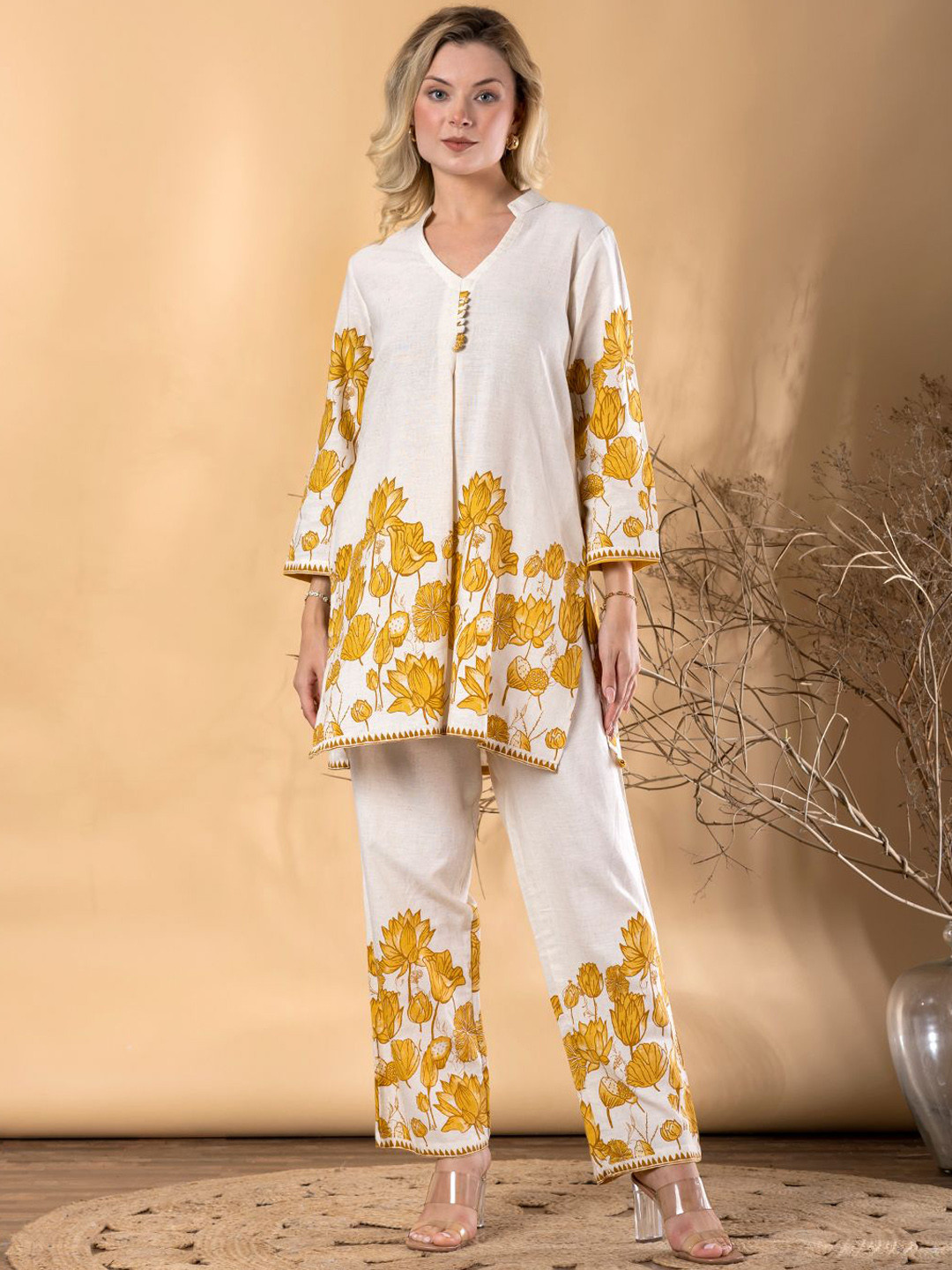 Readiprint Straight Style Mustard Cotton Flex Co-Ord Set