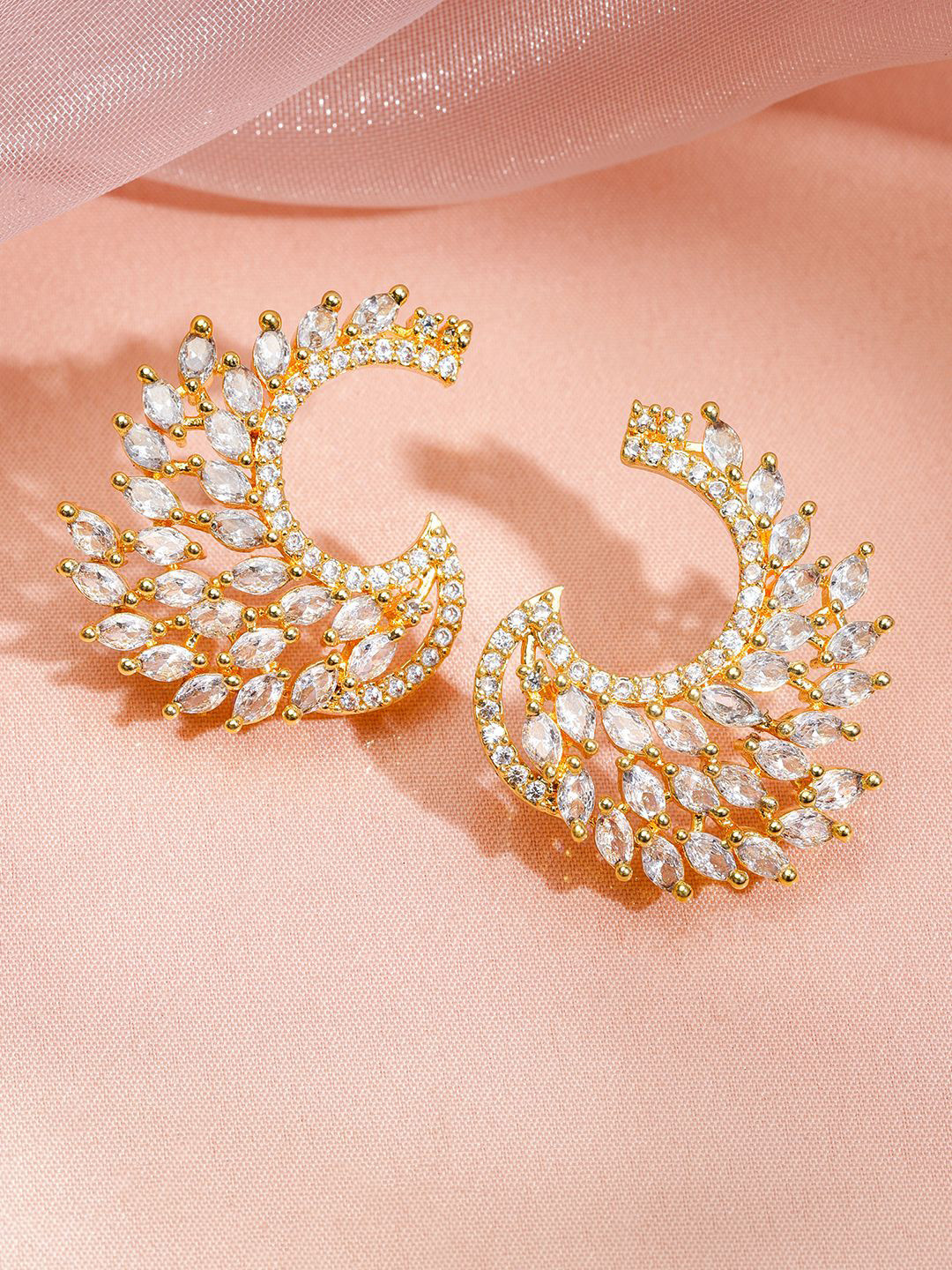 Rubans 18K Gold-Plated White Cubic Zirconia Feather-Shaped Statement Stud Earrings