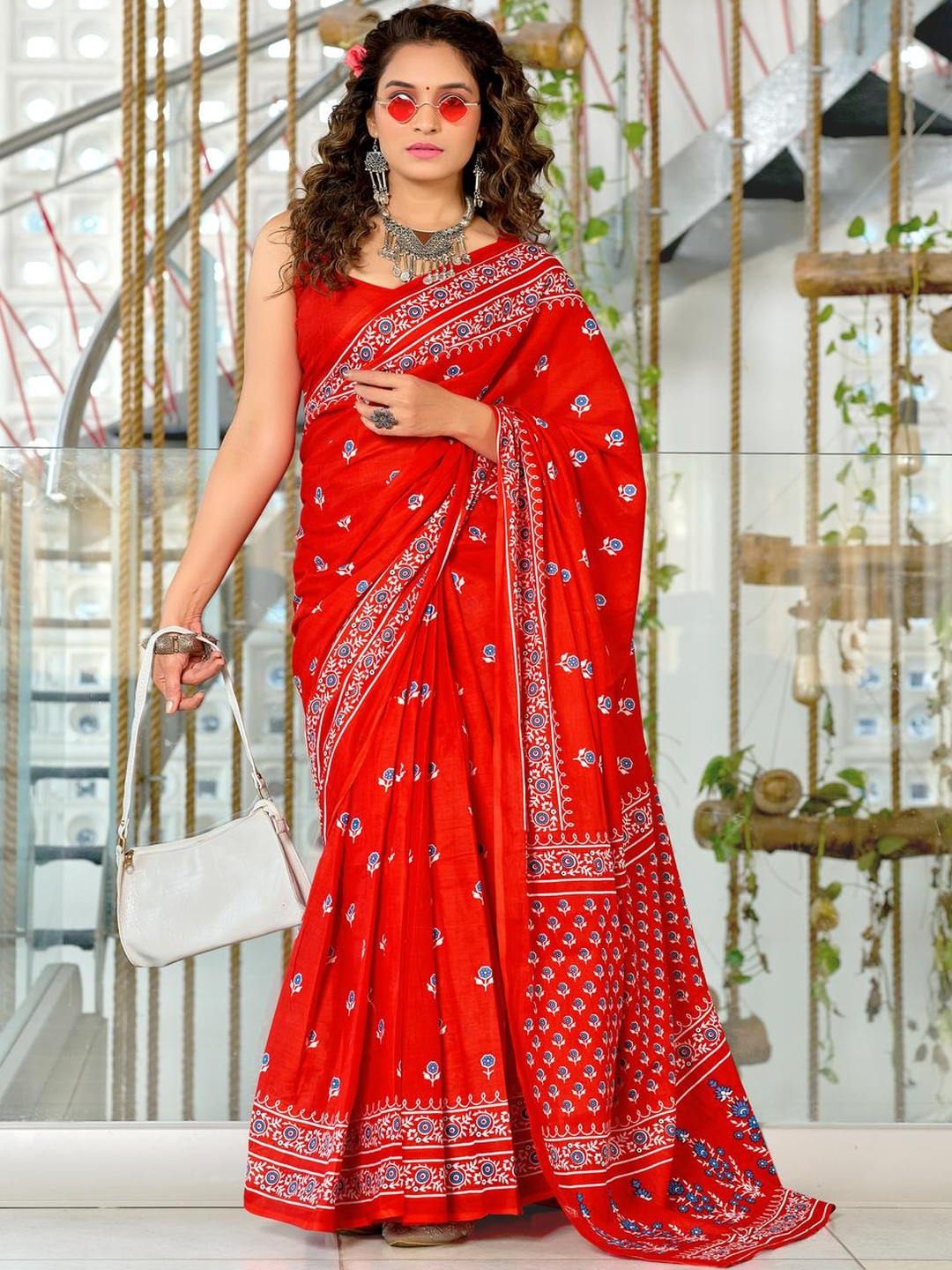 Suha Red Pure Cotton Printed Block Print Sarees