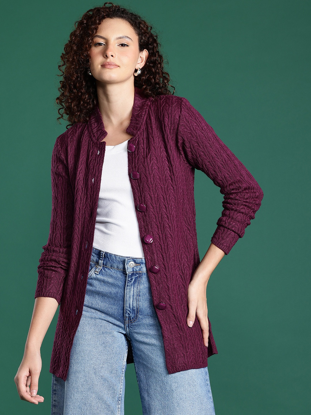 Roadster Women Burgundy Self Design Cable Knit Mock Collar Woollen Longline Cardigan