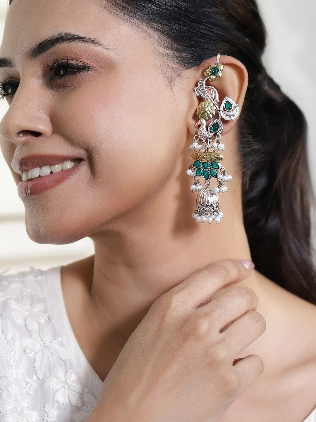 Rubans Gold & Silver Plated Peacock & Floral Ear Cuff Earrings with Green Stones & Pearls