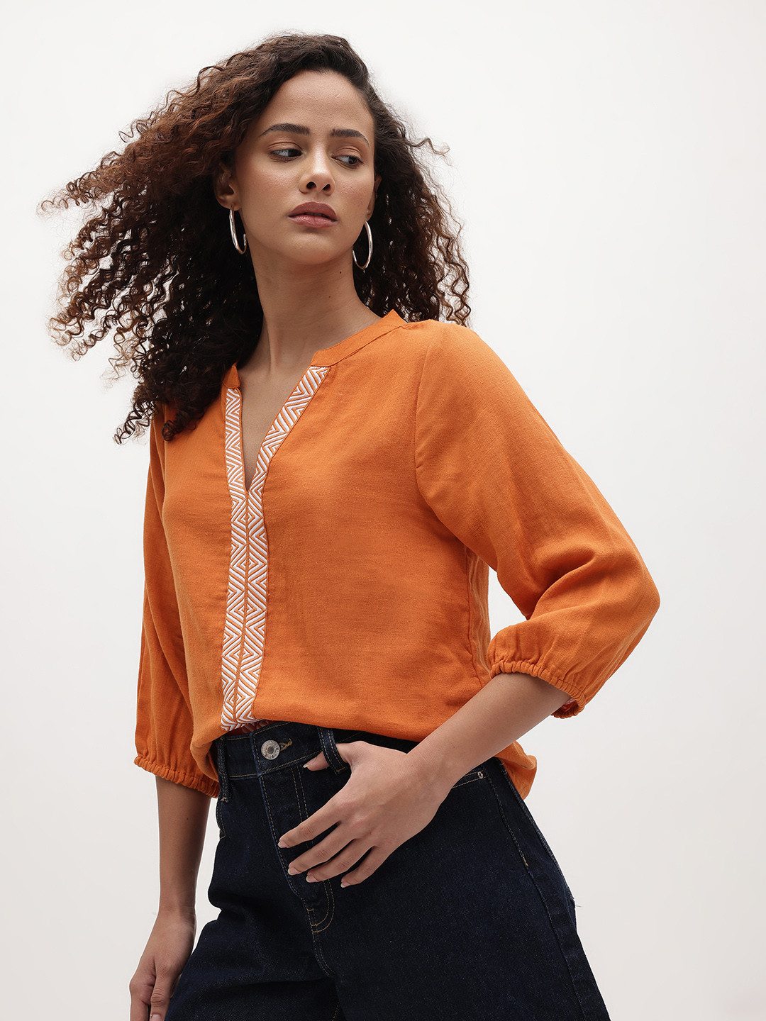 The Roadster Life Co. Lace Insert Detail Mandarin Collar Pure Cotton Shirt Style Top