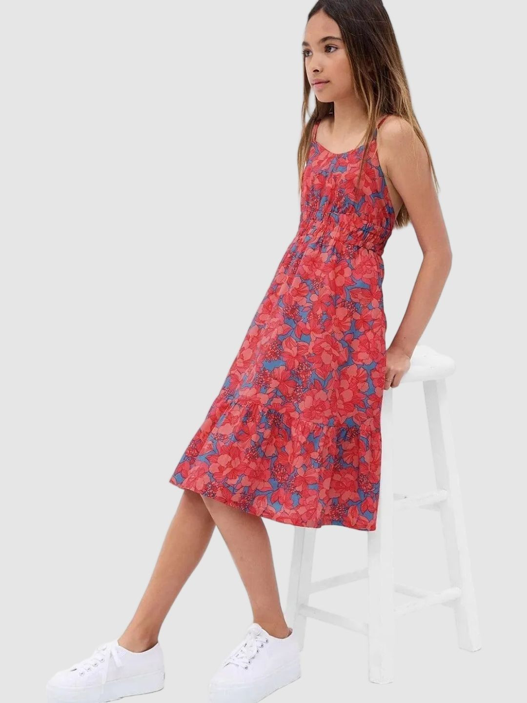 GAP Girls Floral Printed Cotton Spaghetti Strap Cut-Out Sleeveless Fit and Flare Dress