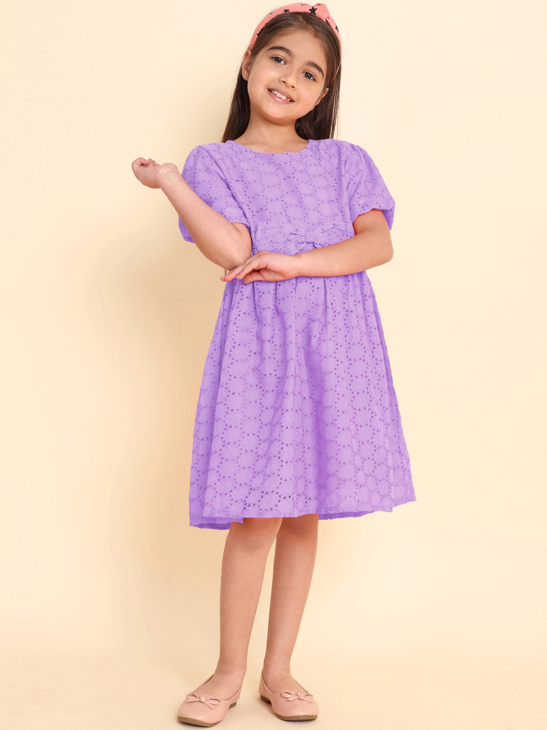 YK Dress Girls Purple Puffed Sleeves Schiffli fit and flare dress