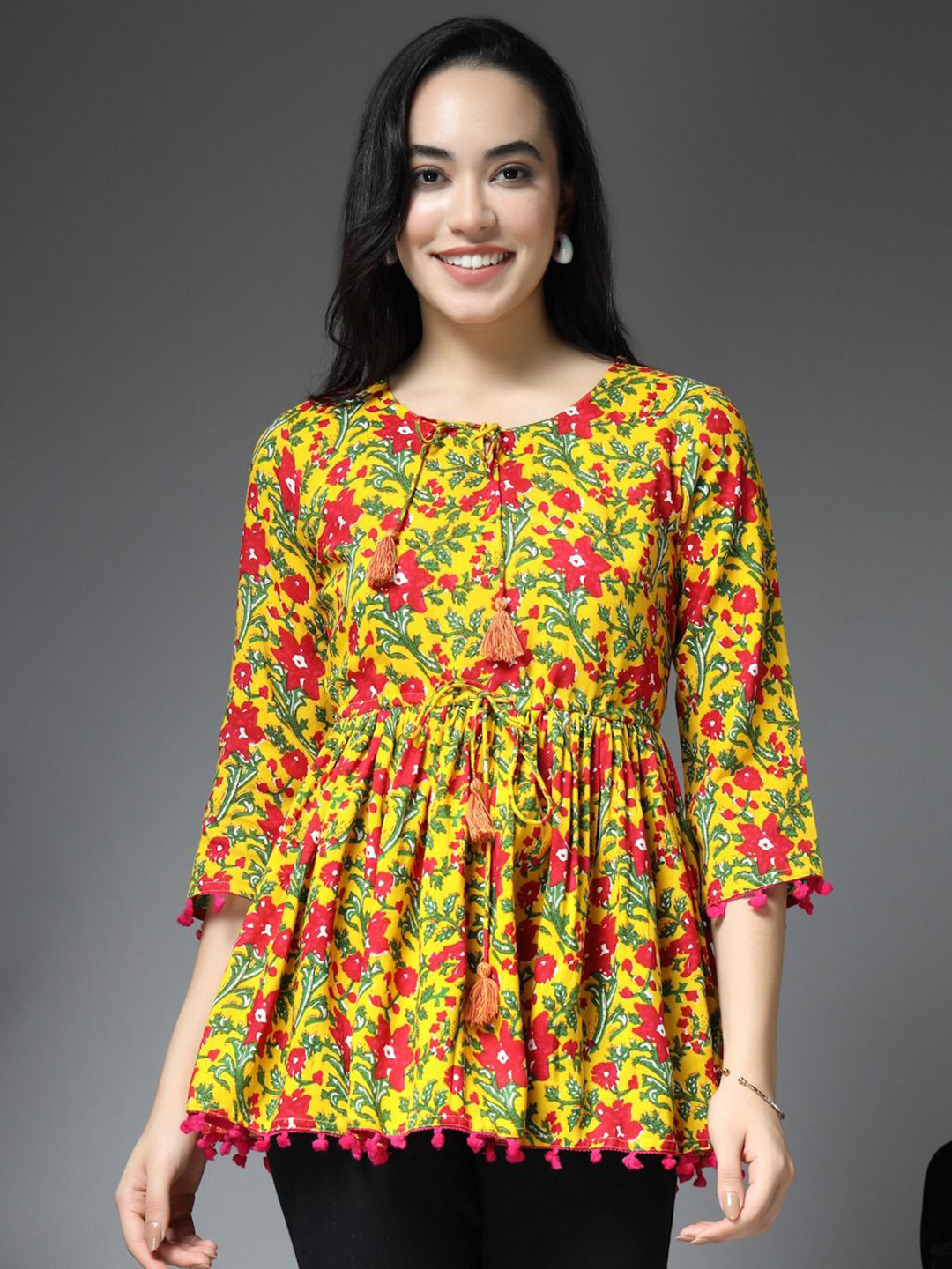 Pristyle Women Tie-Up Neck Floral Print Peplum Top