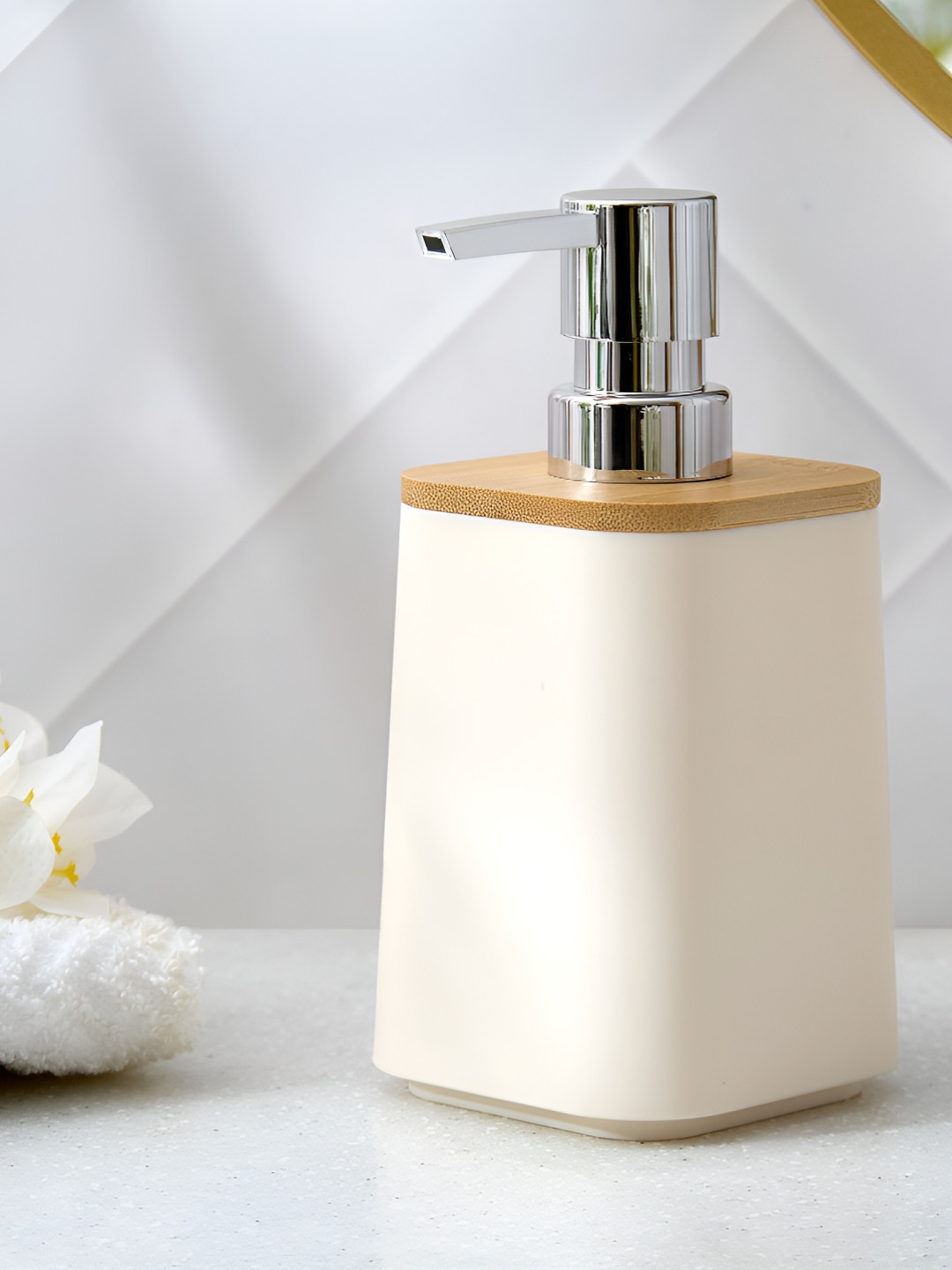 Home Centre Prism Sleek Off White & Brown Soap Dispenser 470ml
