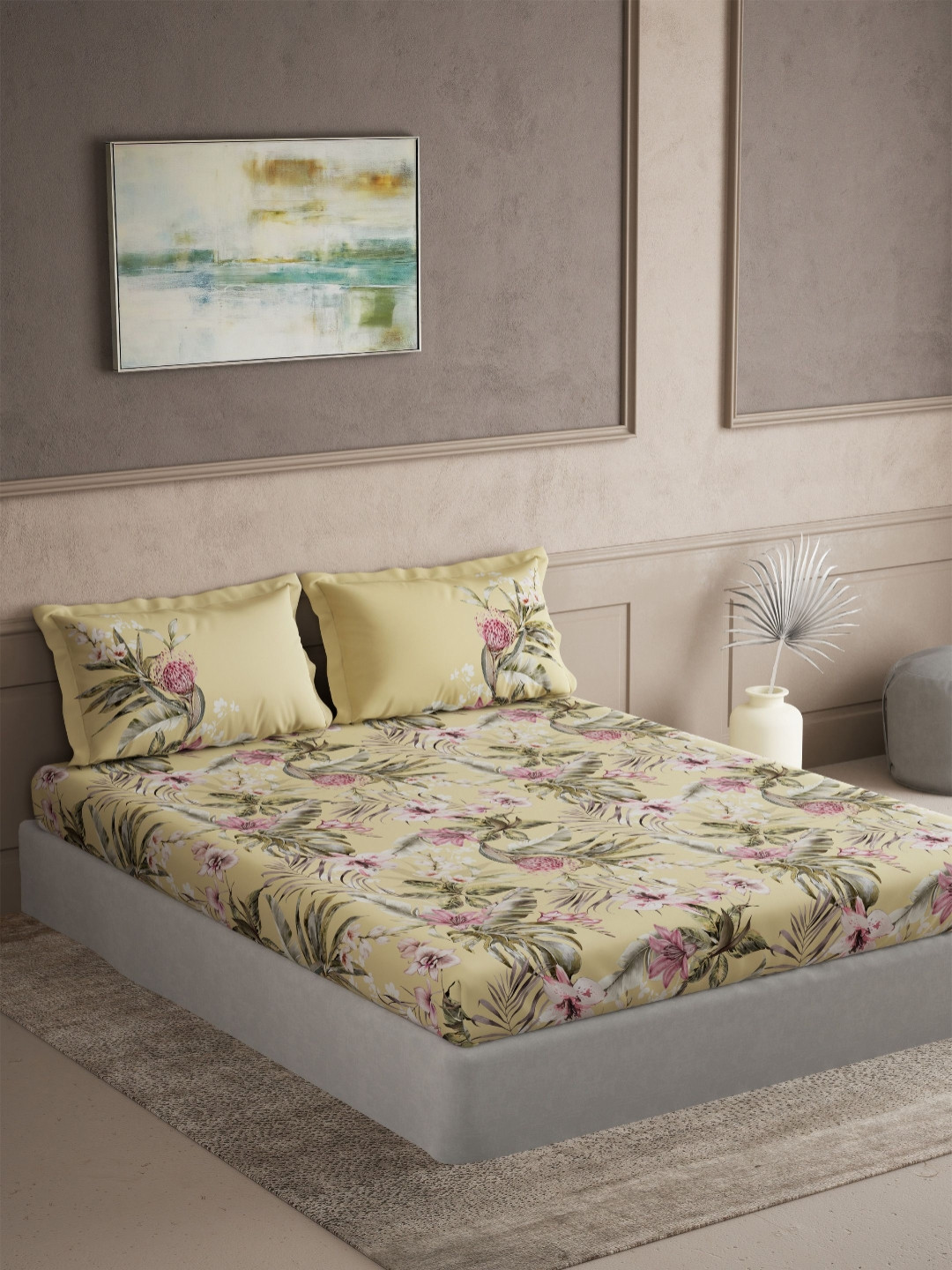 DDecor Souvenir Gifting Collection Beige Floral Pure Cotton 145TC Super King Bedsheet Set