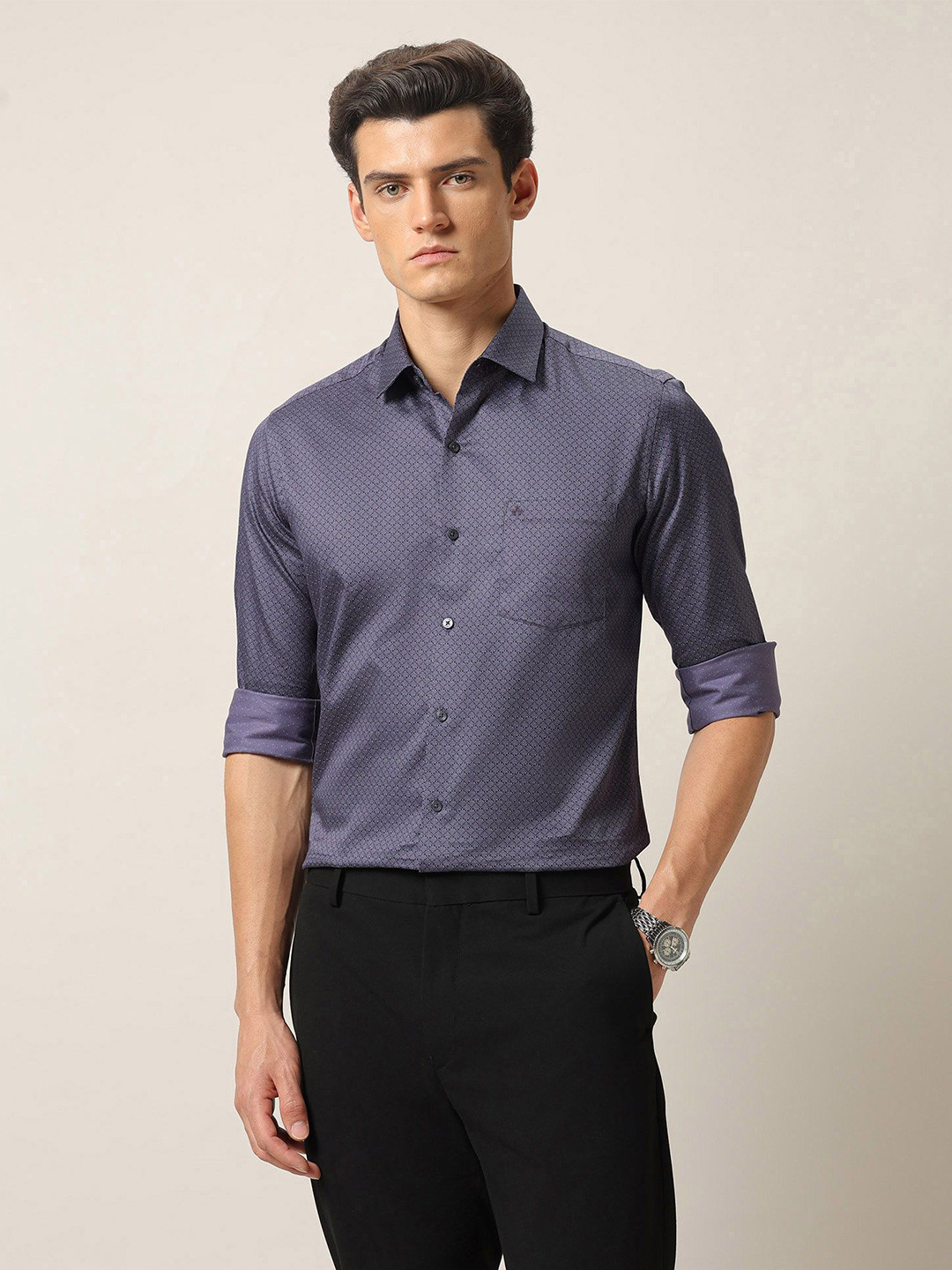 Arrow Floral Printed Spread Collar Pure Cotton Slim Fit Casual Shirt