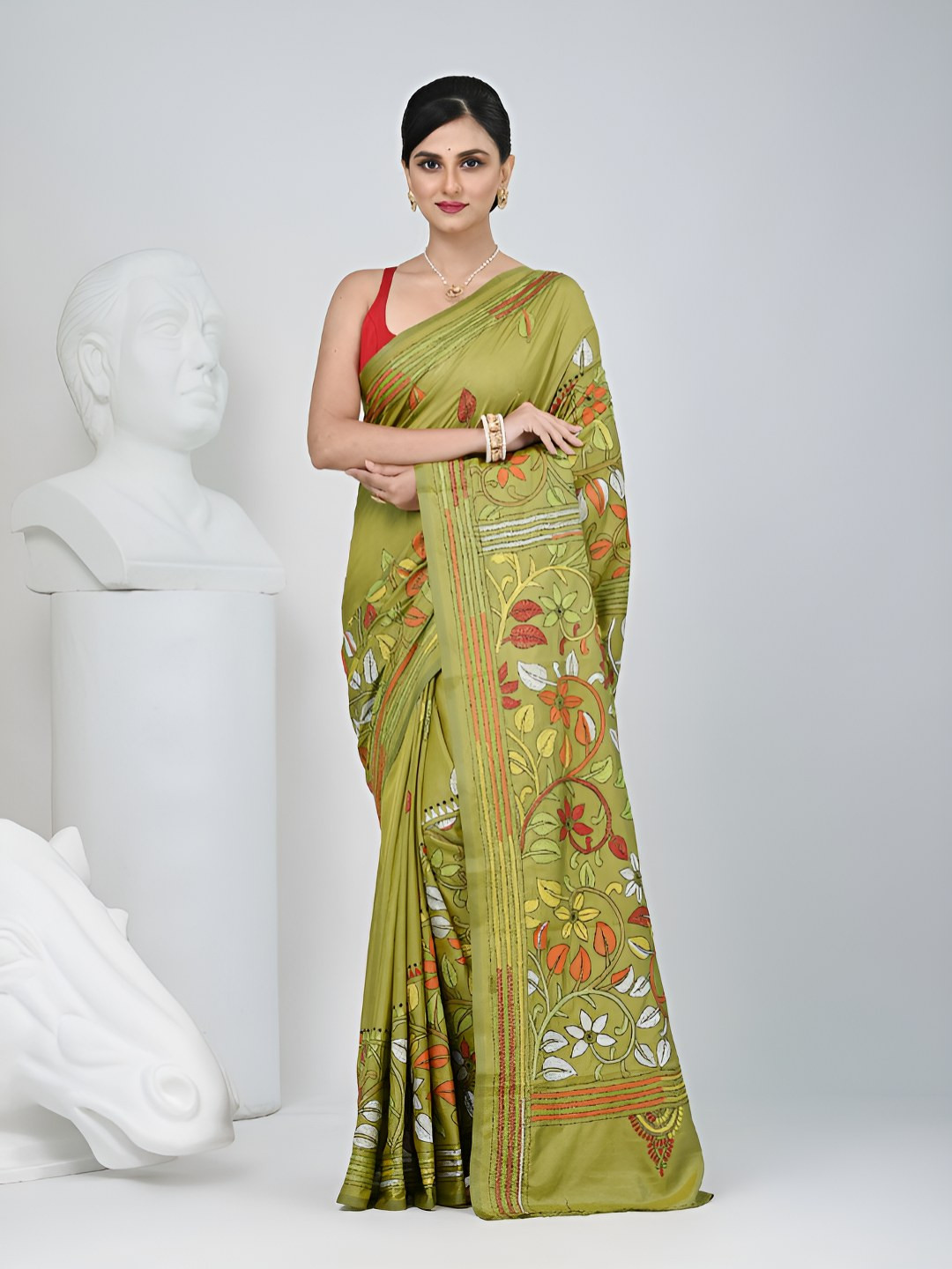 Charukriti Ethnic Motifs Embroidered Kantha Stitch Saree