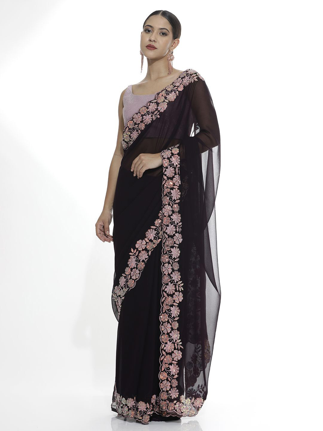 Desi Fusion Embroidered Border Sequinned Pure Georgette Saree