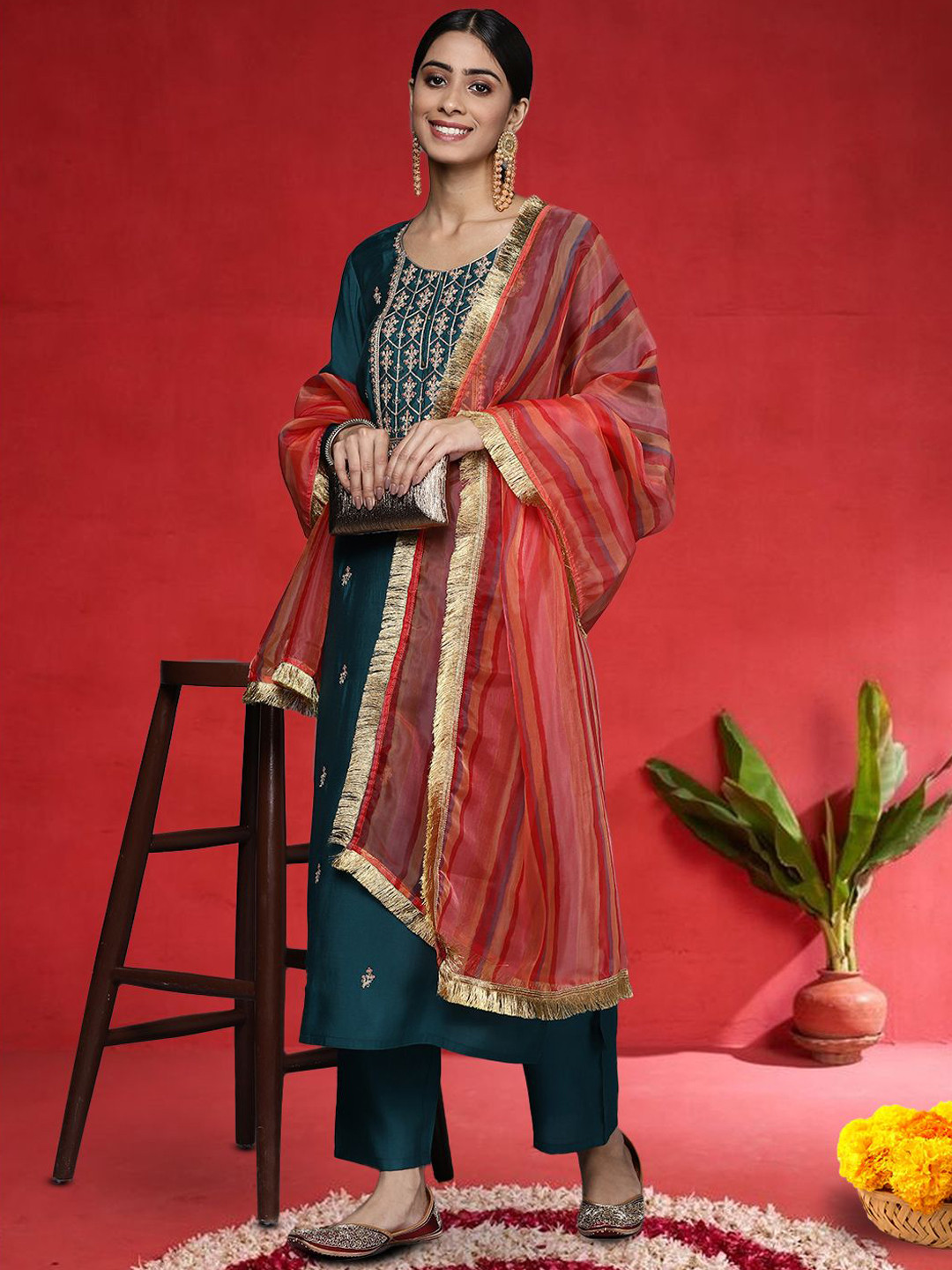 Varanga Ethnic Motifs Embroidered Straight Thread Work Kurta With Trousers & Dupatta