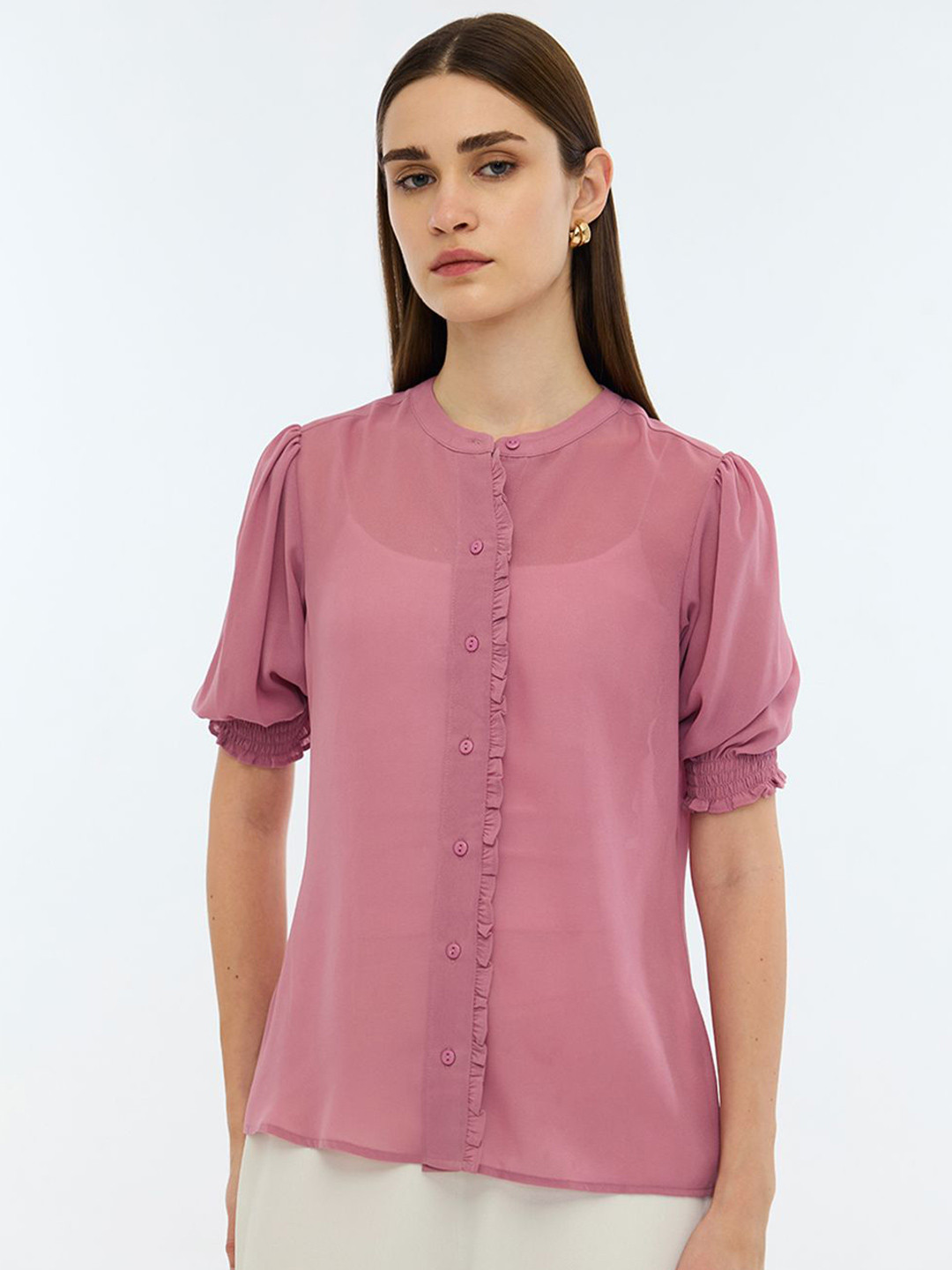COVER STORY Women Ruffled Mandarin Collar Puff Sleeve Shirt Style Top