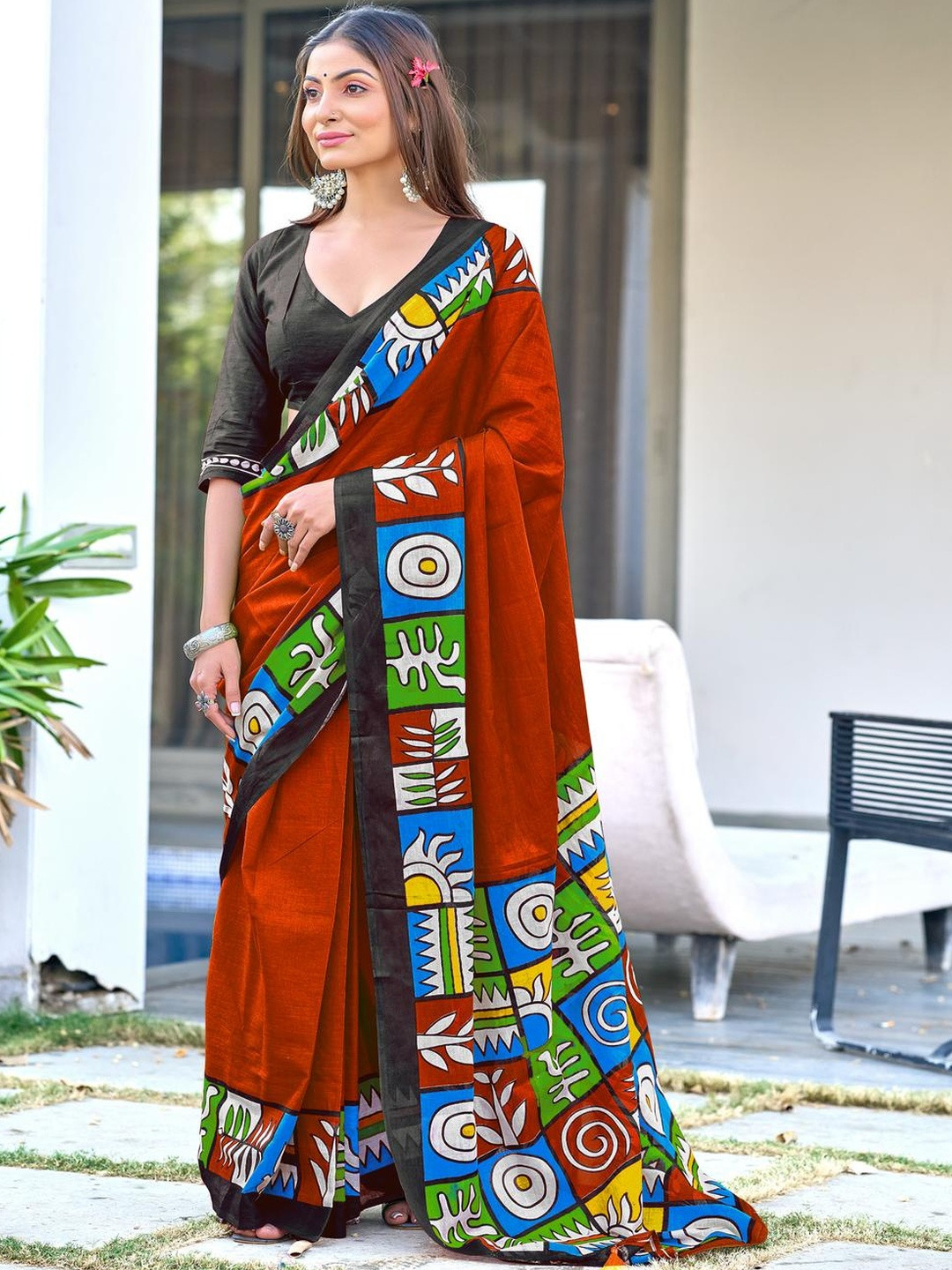 Suha Red Pure Cotton Printed Block Print Sarees
