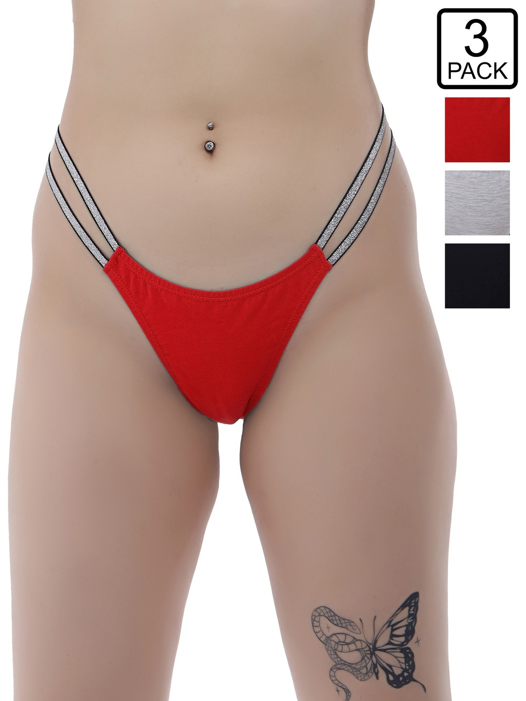 Selfcare Women Black Red & Grey Pack of 3 Solid Soft Lycra Blend Mid-Rise Thong