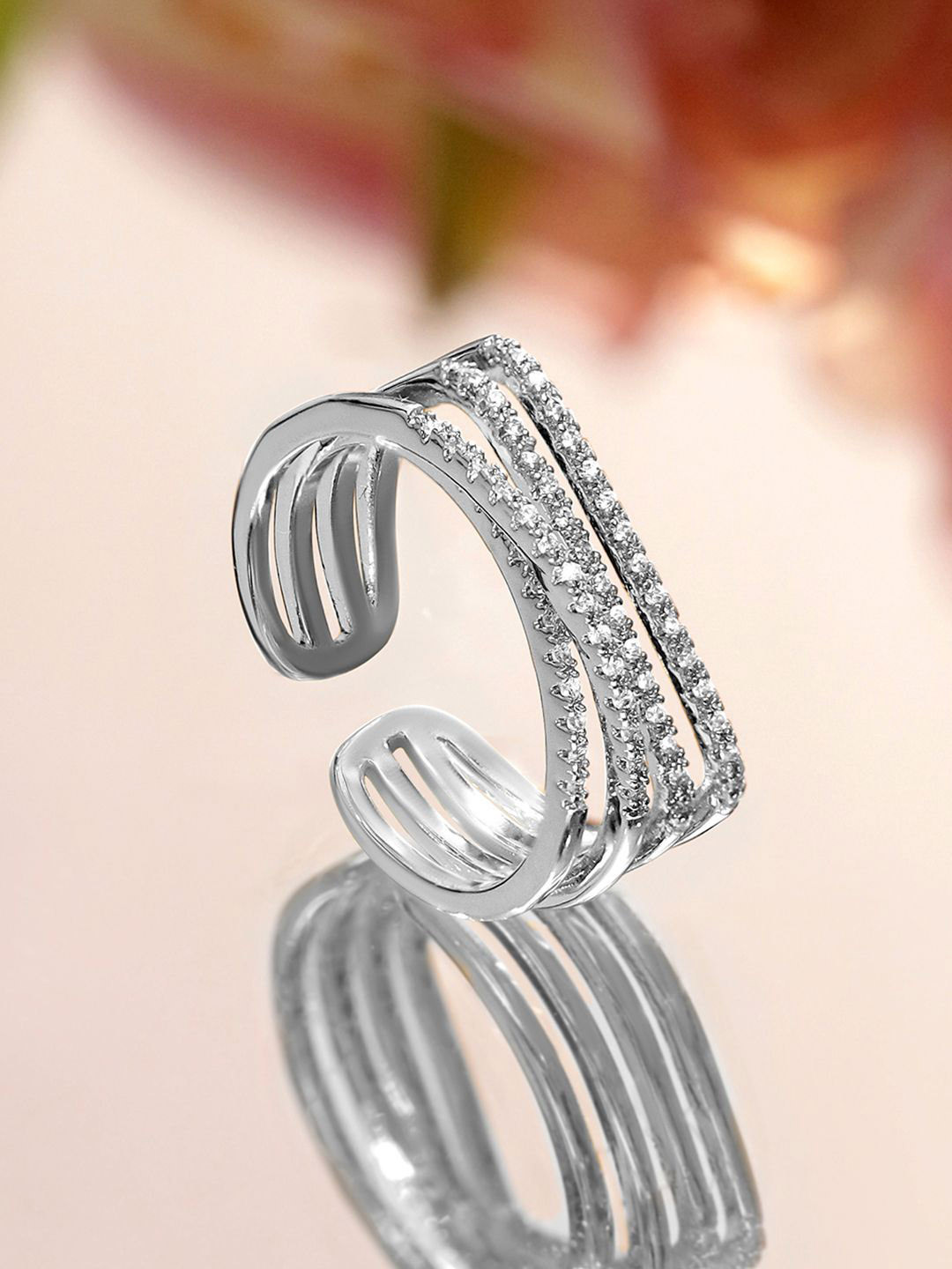 Rubans Rhodium Plated Adjustable Triple Row Crystal-Studded Open Statement Ring