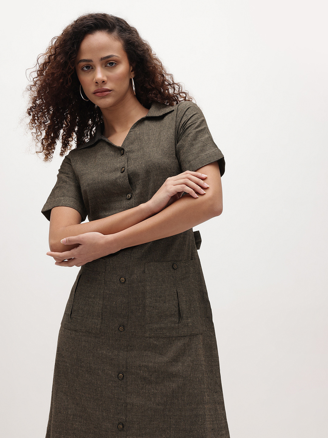 R.Code by The Roadster Life Co. Self Design Textured Pure Cotton Knee Length Shirt Dress