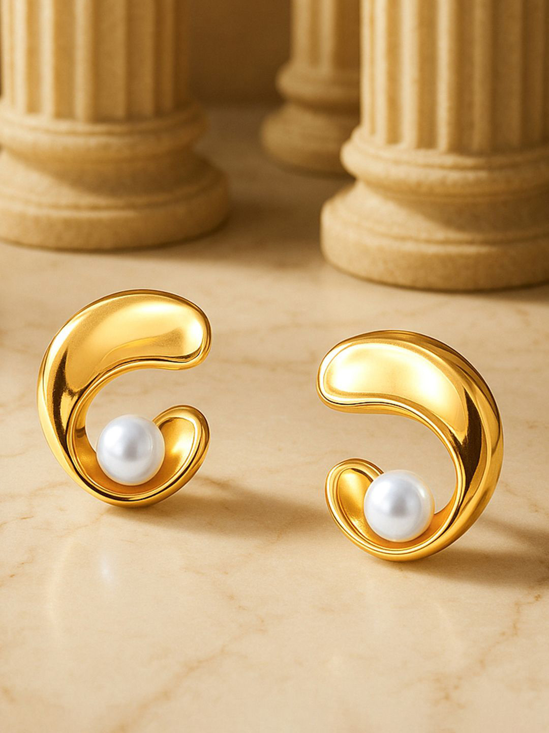 Rubans 18K Gold-Plated Stainless Steel Tarnish-Free Waterproof Pearl- Wave Drop Earrings