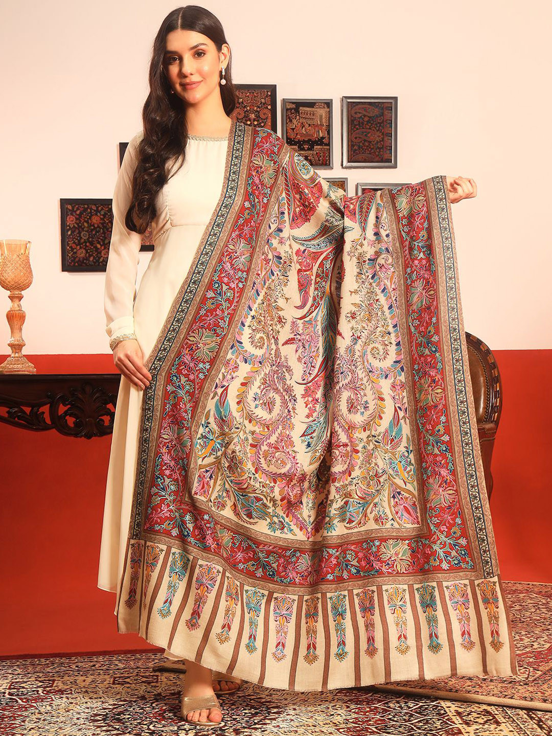 Pashmoda Paisley Embroidered  Rangkalam Pure Wool Kalamkari Shawl