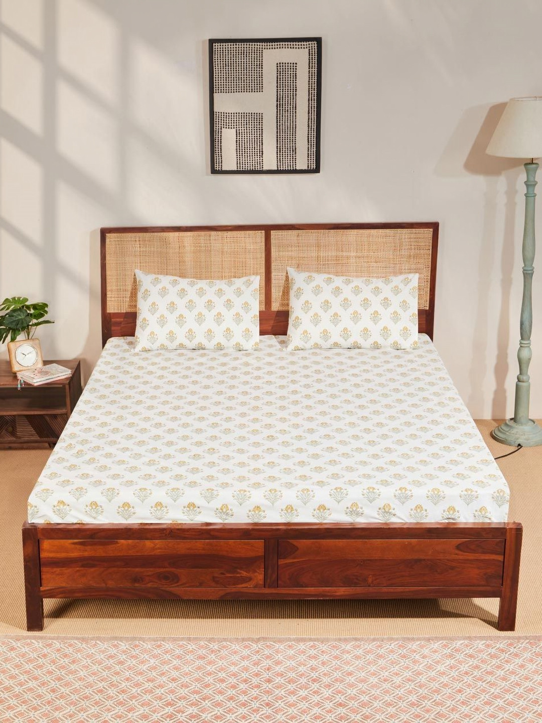 Fabindia White & Yellow Floral 180 TC Cotton Double Queen Bedsheet Set 2.35 m x 2.6 m