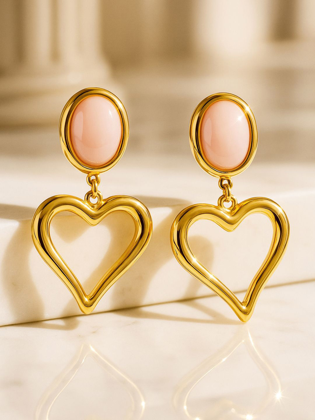 Rubans 18K Gold-Plated Stainless Steel Tarnish-Free Waterproof Pink Heart Drop Earrings