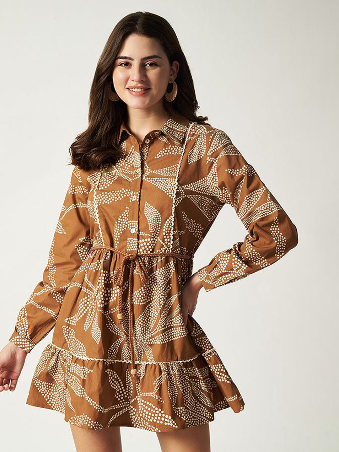 House of Sal Women Ethnic Motifs Printed Tie-Ups Shirt Collar Mocha Shirt Mini Dress