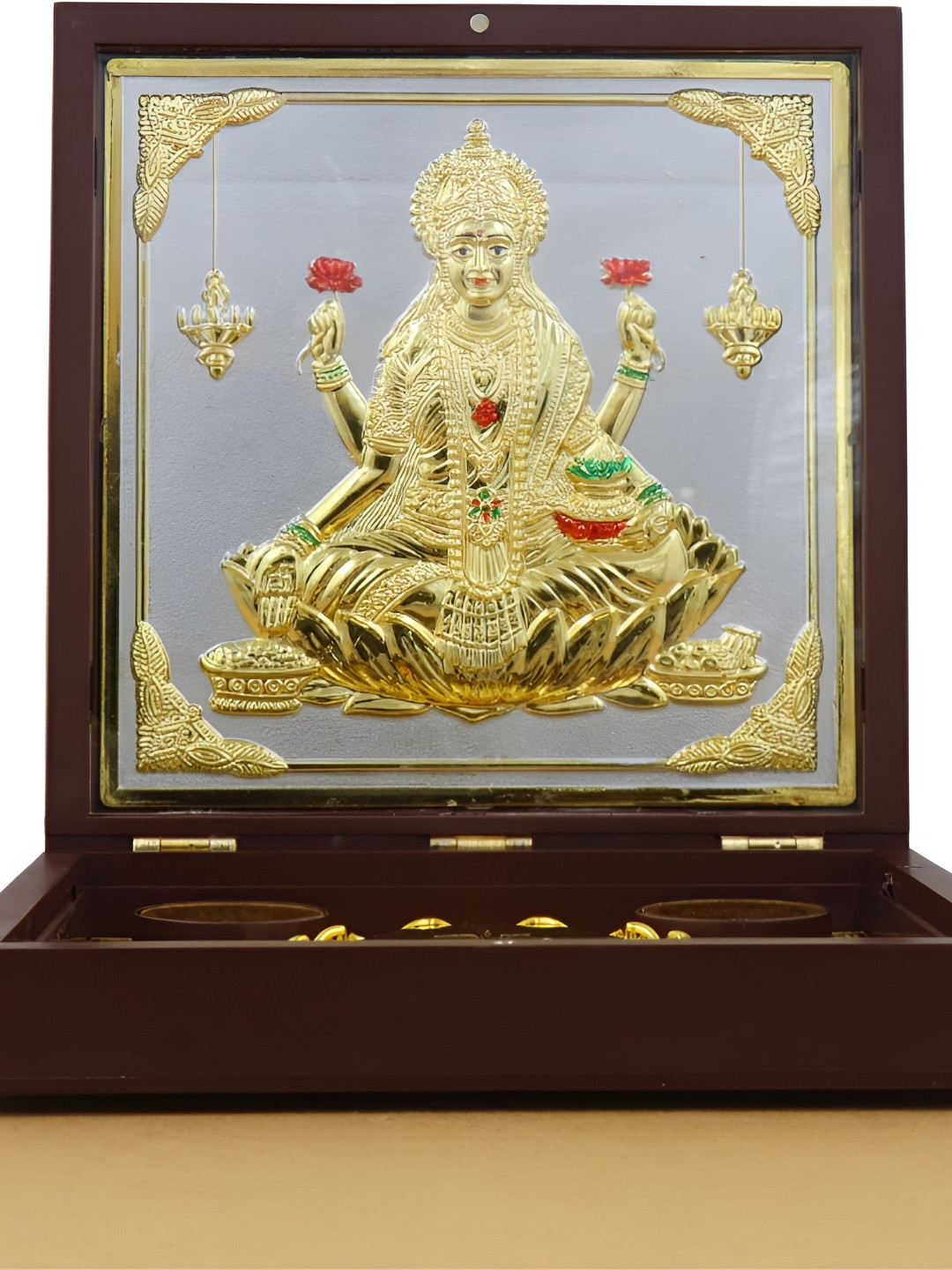 INTERNATIONAL GIFT Gold-Toned Mata Laxmi Charan Paduka Spiritual Box Pooja Essentials