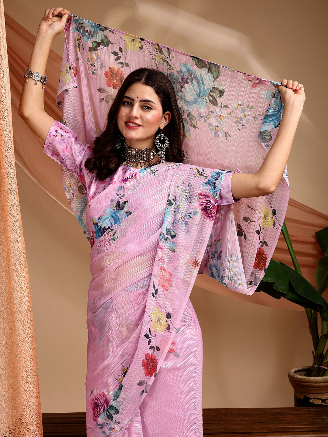 Sangria Women Pure Chiffon Ombre Lavender Abstract Printed Designer Saree